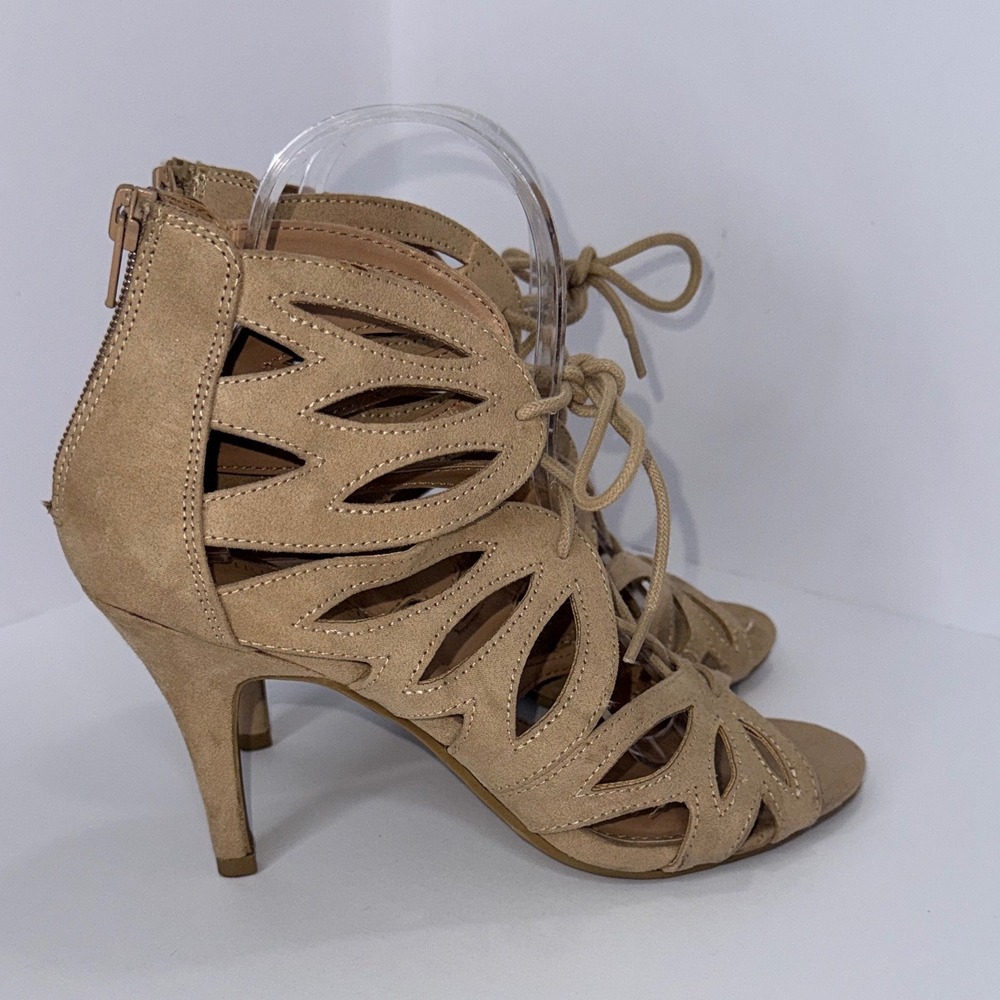 Christian Siriano Stiletto Heel Sandals 8 Tan Caged Lace Up Laser Cut Boho Chic - Picture 5 of 12
